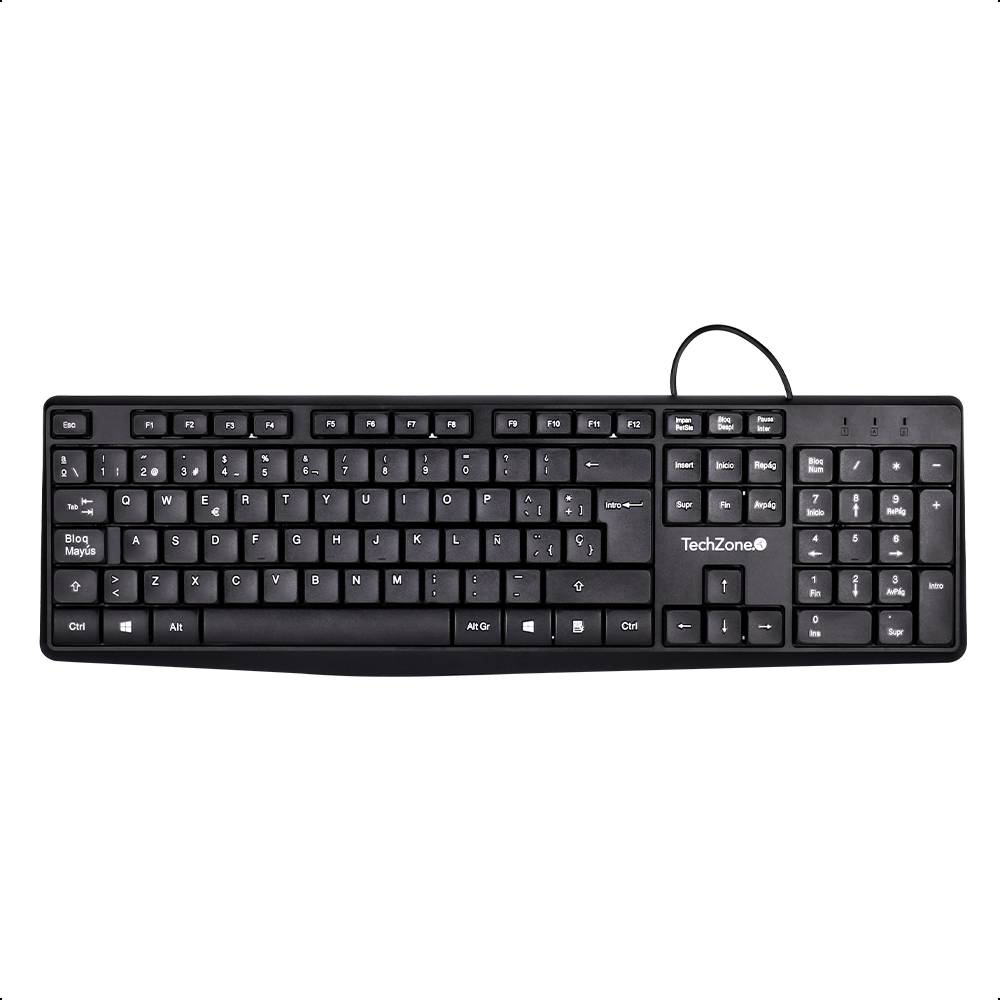 Teclado Alámbrico Techzone TZACTA04 color negro, tipo QWERTY, con indicadores: numérico, mayúscula y bloqueo de desplazamiento,  105 teclas TECTCH110 - TECHZONE