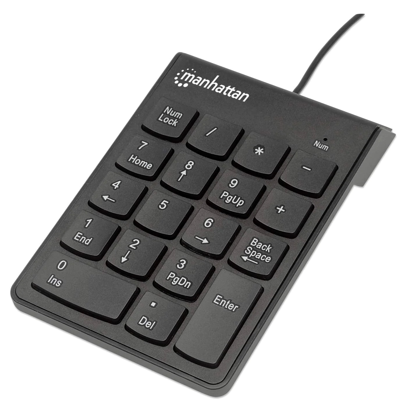 176354 Teclado numérico alámbrico USB, 18 teclas del mismo tamaño incluye tecla de retroceso Color Negro. - MANHATTAN