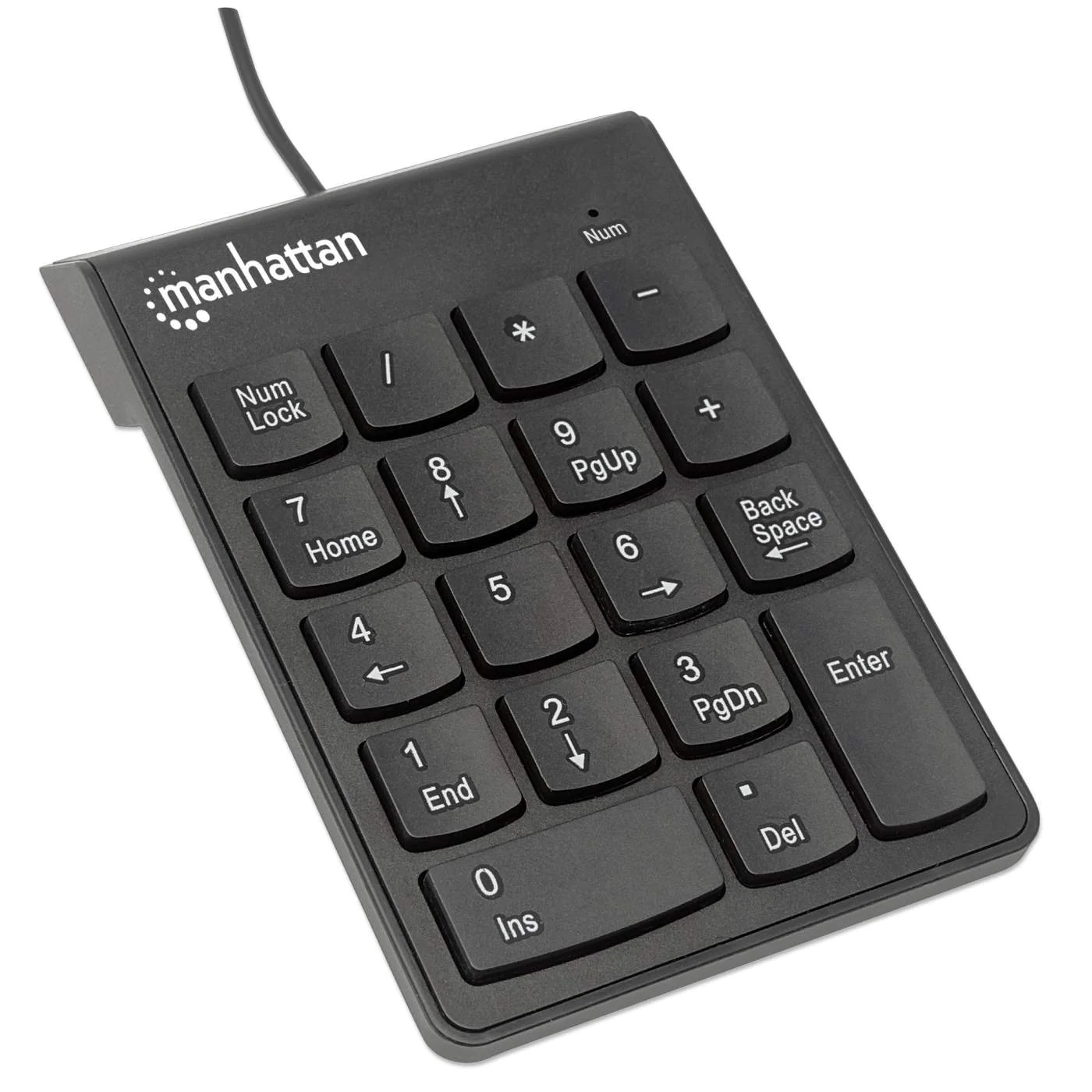 176354 Teclado numérico alámbrico USB, 18 teclas del mismo tamaño incluye tecla de retroceso Color Negro. - MANHATTAN