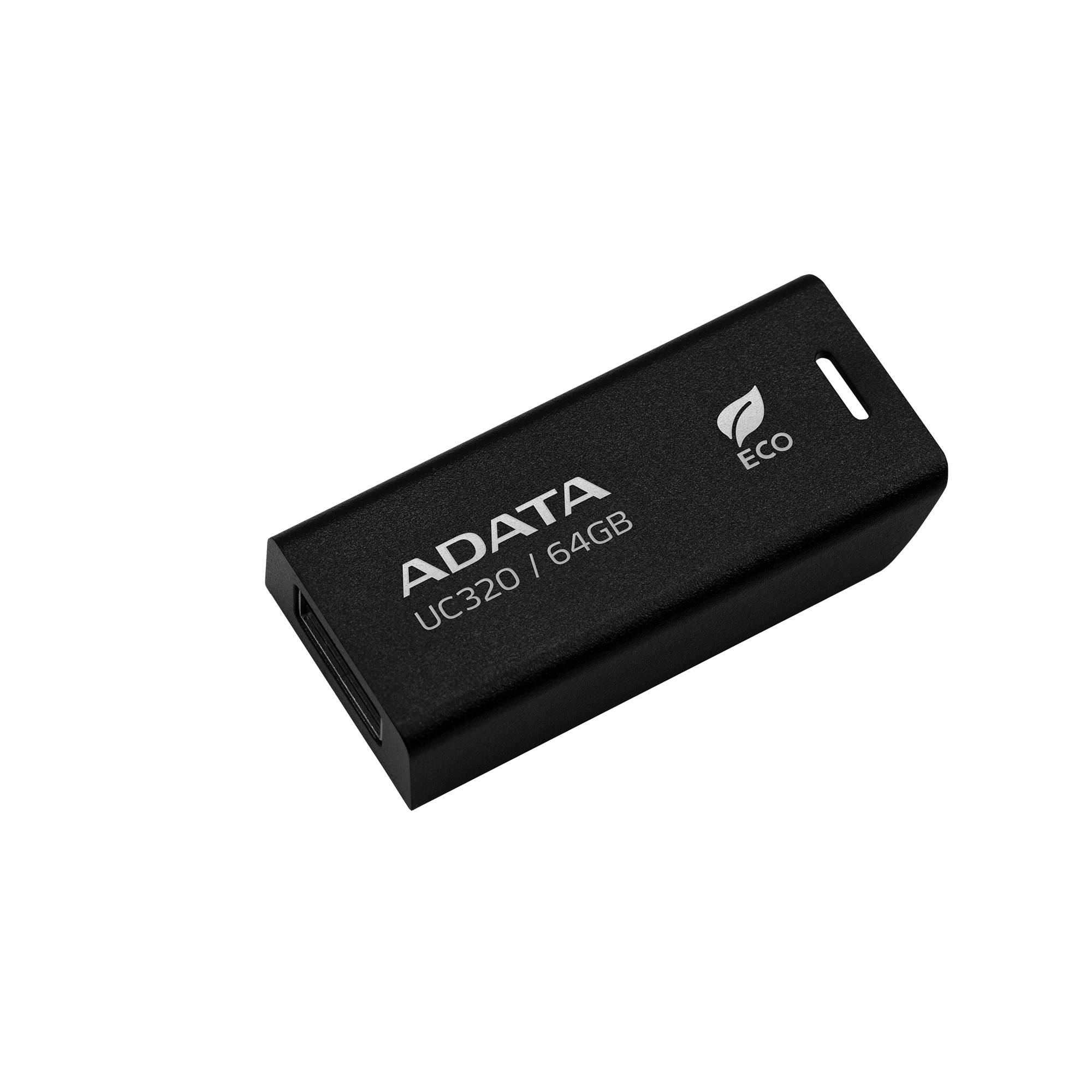 Memoria USB de 64GB UR320 3.2 Gen 1 (retro compatible 3.0 y 2.0), diseño material reciclado sin tapa. Color negro. UC320-64G-RBK/BK - ADATA