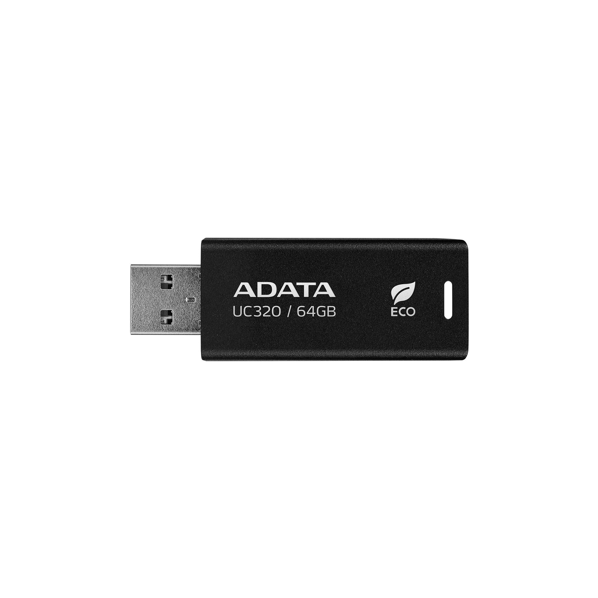 Memoria USB de 64GB UR320 3.2 Gen 1 (retro compatible 3.0 y 2.0), diseño material reciclado sin tapa. Color negro. UC320-64G-RBK/BK - ADATA