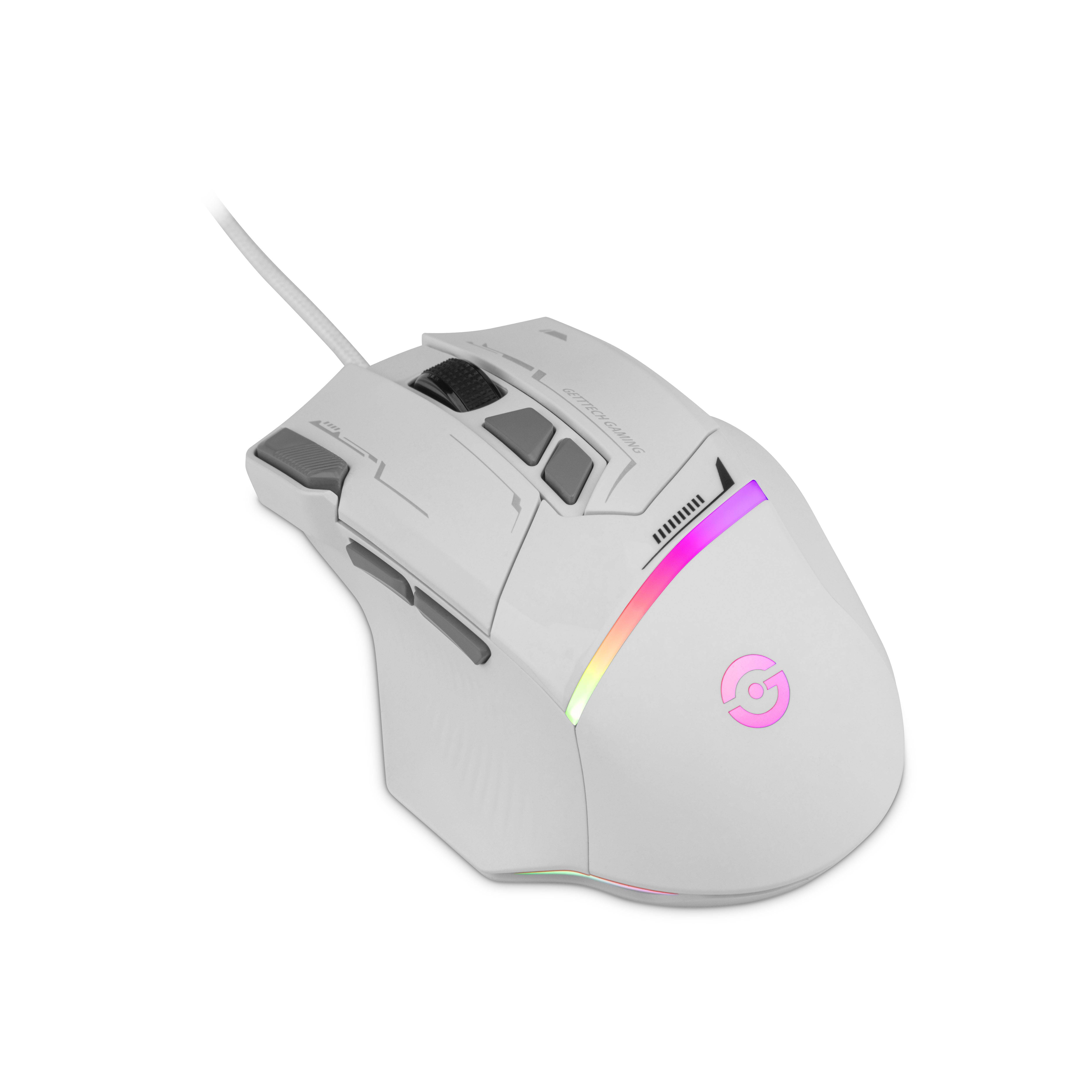 GETTTECH MOUSE GAMER, SENSOR 725F, ILUMINACION RGB PERSONALIZABLE, HASTA 7200 DPI, COLOR BLANCO YGRIS, MOD. GPM-RGBWR-G1-WH - GETTTECH