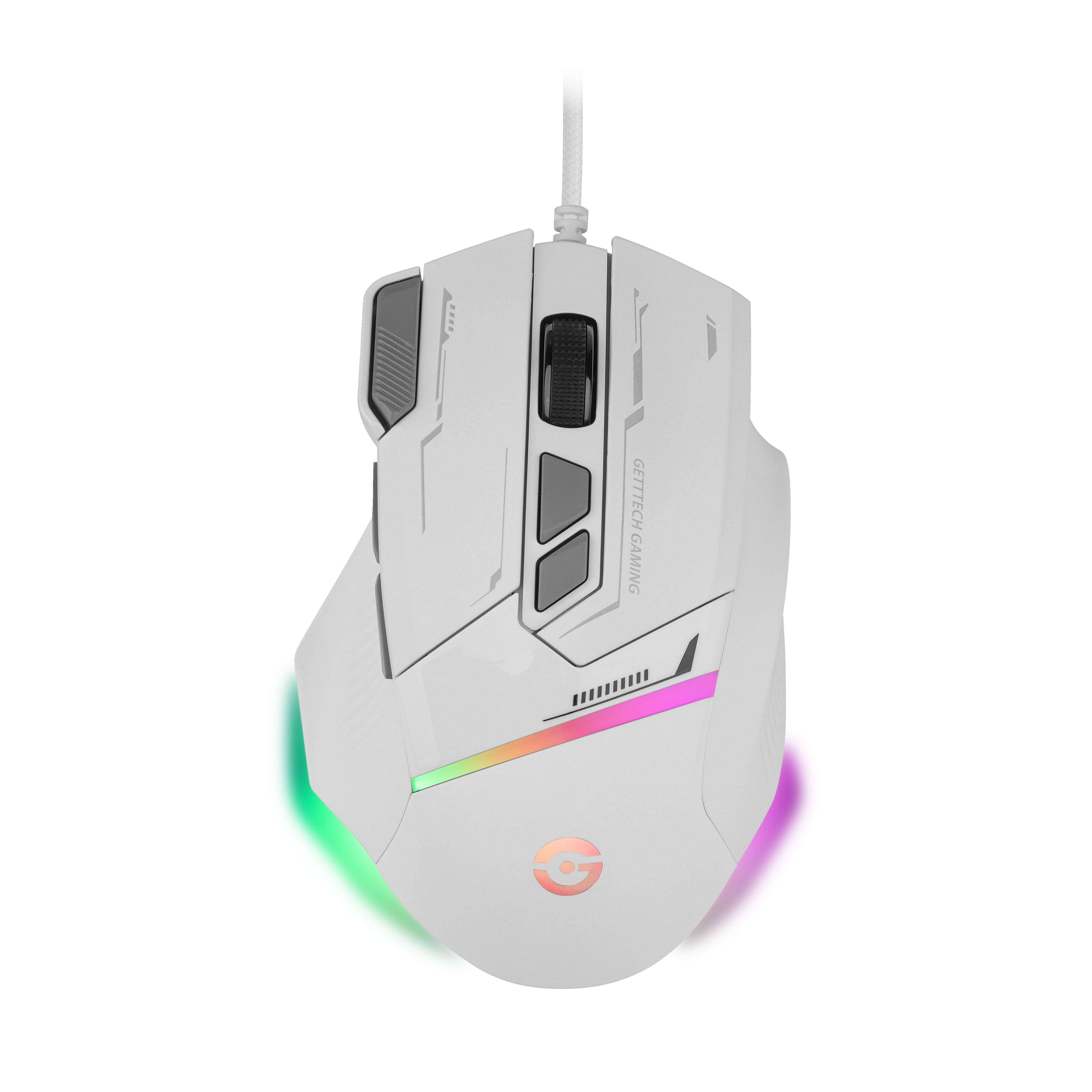 GETTTECH MOUSE GAMER, SENSOR 725F, ILUMINACION RGB PERSONALIZABLE, HASTA 7200 DPI, COLOR BLANCO YGRIS, MOD. GPM-RGBWR-G1-WH - GETTTECH