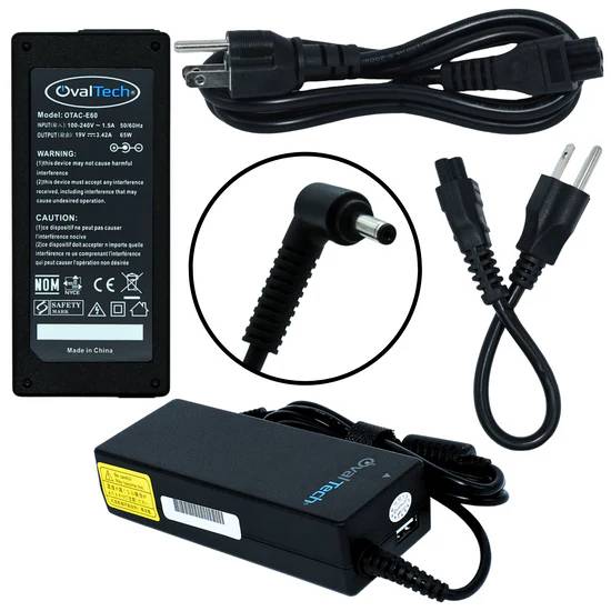 CARGADOR/ADAPTADOR DE CORRIENTE C/CABLE OTAC-E60 PARA COMPUTADORA PORTATIL + USB 65W, 19V 3.42A (4.0*1.35) USB salida: 5V, 2.1Amp MARCA OVALTECH - OVALTECH