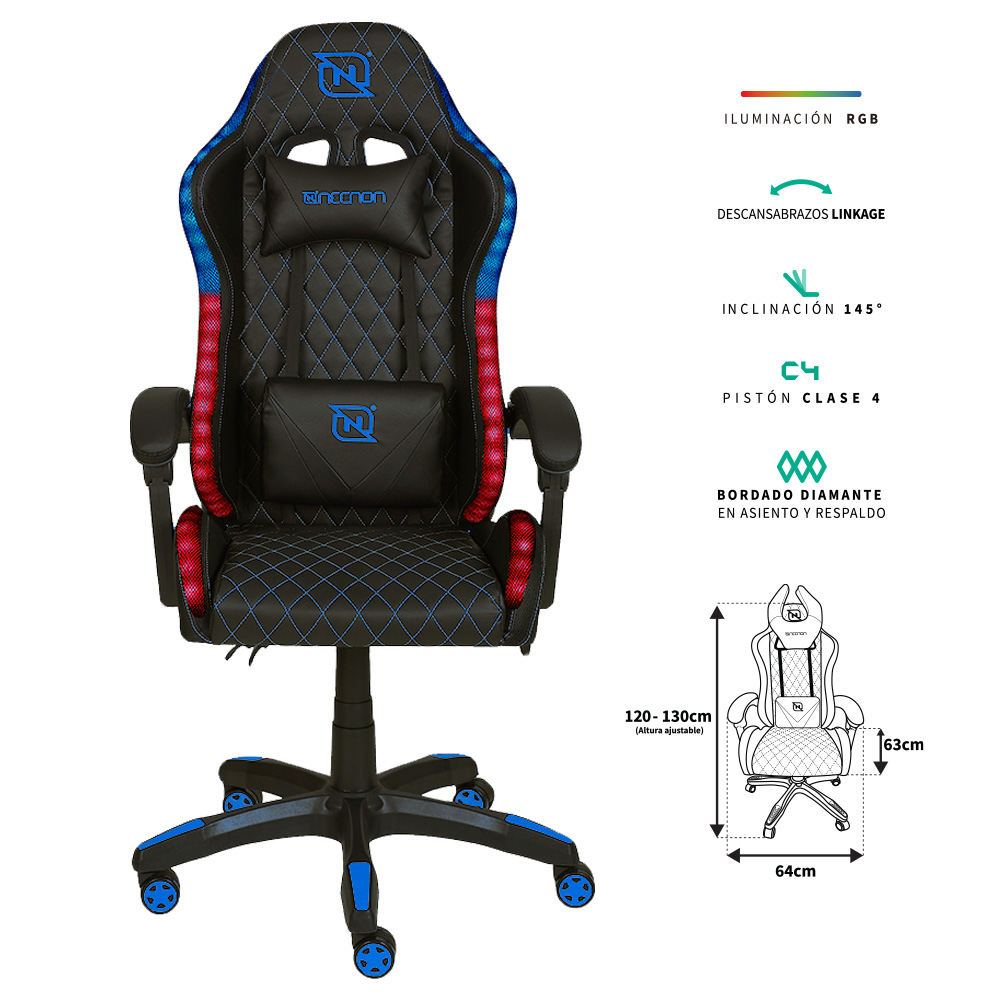 SILLA GAMER RGB INCLINACION RESPALDO 145 CLASE 4 140-150KG NSG-RGB1 FOAM 350MM 63CM*64CM*121-131CM COJIN LUMBAR Y CABEZA NEGRO/AZUL SILNNN030 - NECNON