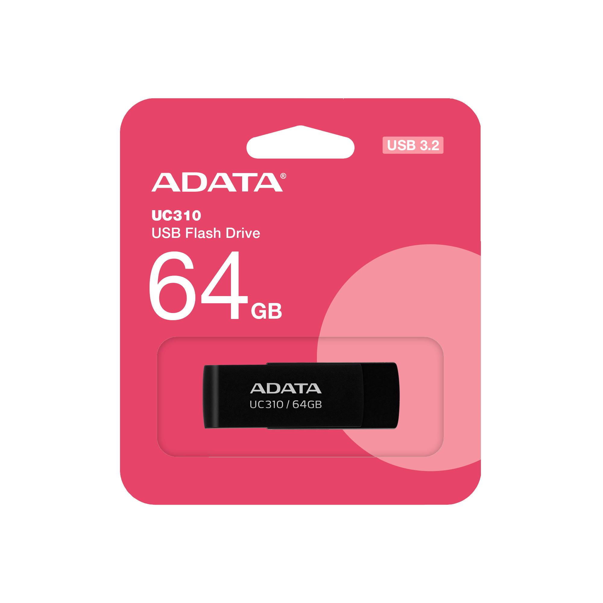 Memoria USB de 64GB UR310 3.2 Gen 1 (retro compatible 3.0 y 2.0), diseño material reciclado sin tapa. NEGRO. UC310-64G-RBK - ADATA