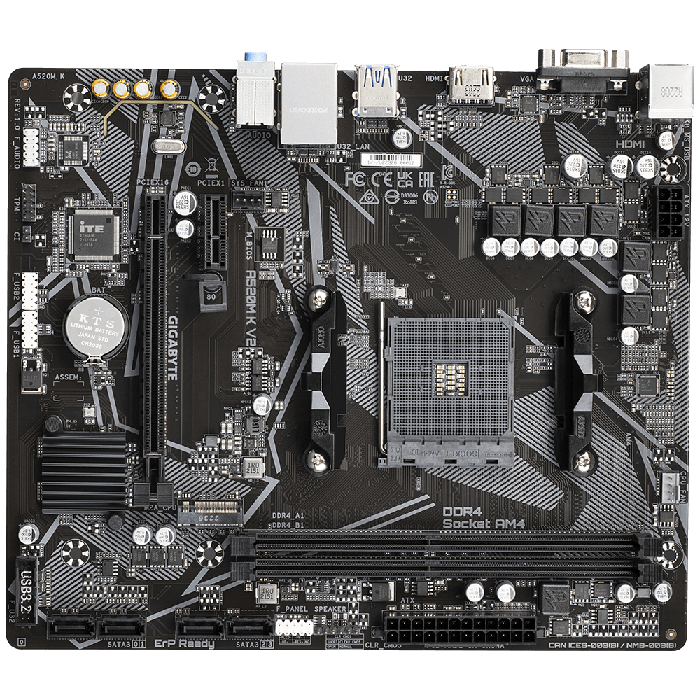 Motherboard GIGABYTE A520M K, DDR4-SDRAM, 64 GB, AMD, Zócalo AM4, Micro ATX - GIGABYTE