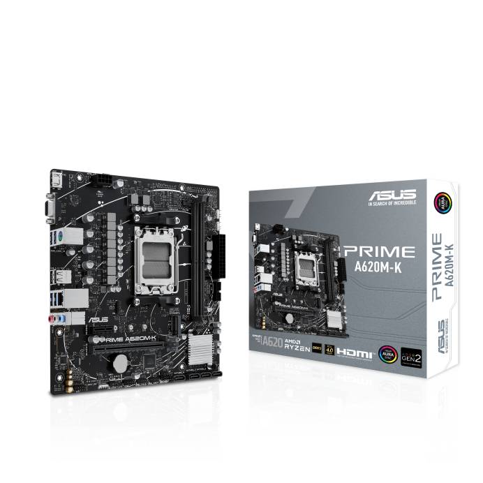 Tarjeta Madre ASUS PRIME A620M-K, mATX, AMD, Ryzen series 7000/8000,PCIe 4.0 M.2, DisplayPort, HDMI™, USB 3.2 Gen 1 Tipo-A, SATA 6 Gbps, Aura Sync - ASUS