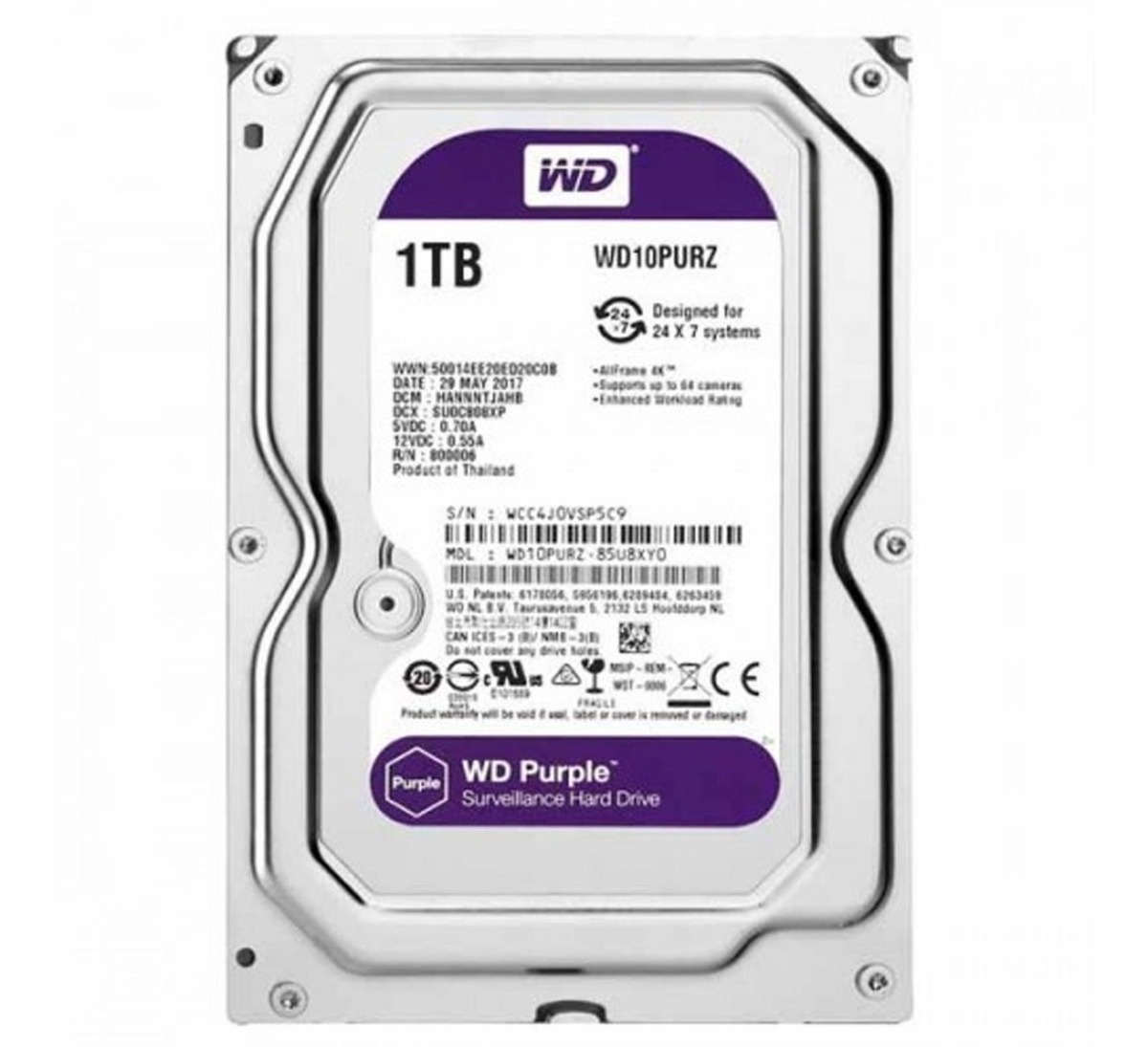Disco Duro Interno Western Digital WD10PURZ Purple 3.5 Pulgadas, 1TB, SATA III, 6 Gbit/s, 5400RPM, 64MB Cache
