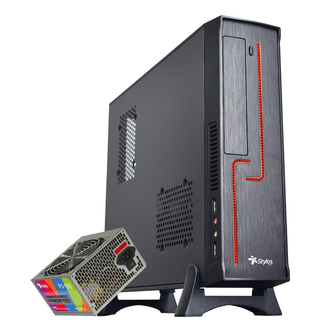 Gabinete Oficina Keelan Slim ITX Stylos con fuente de poder 550W STGAKL1B GABSTY340