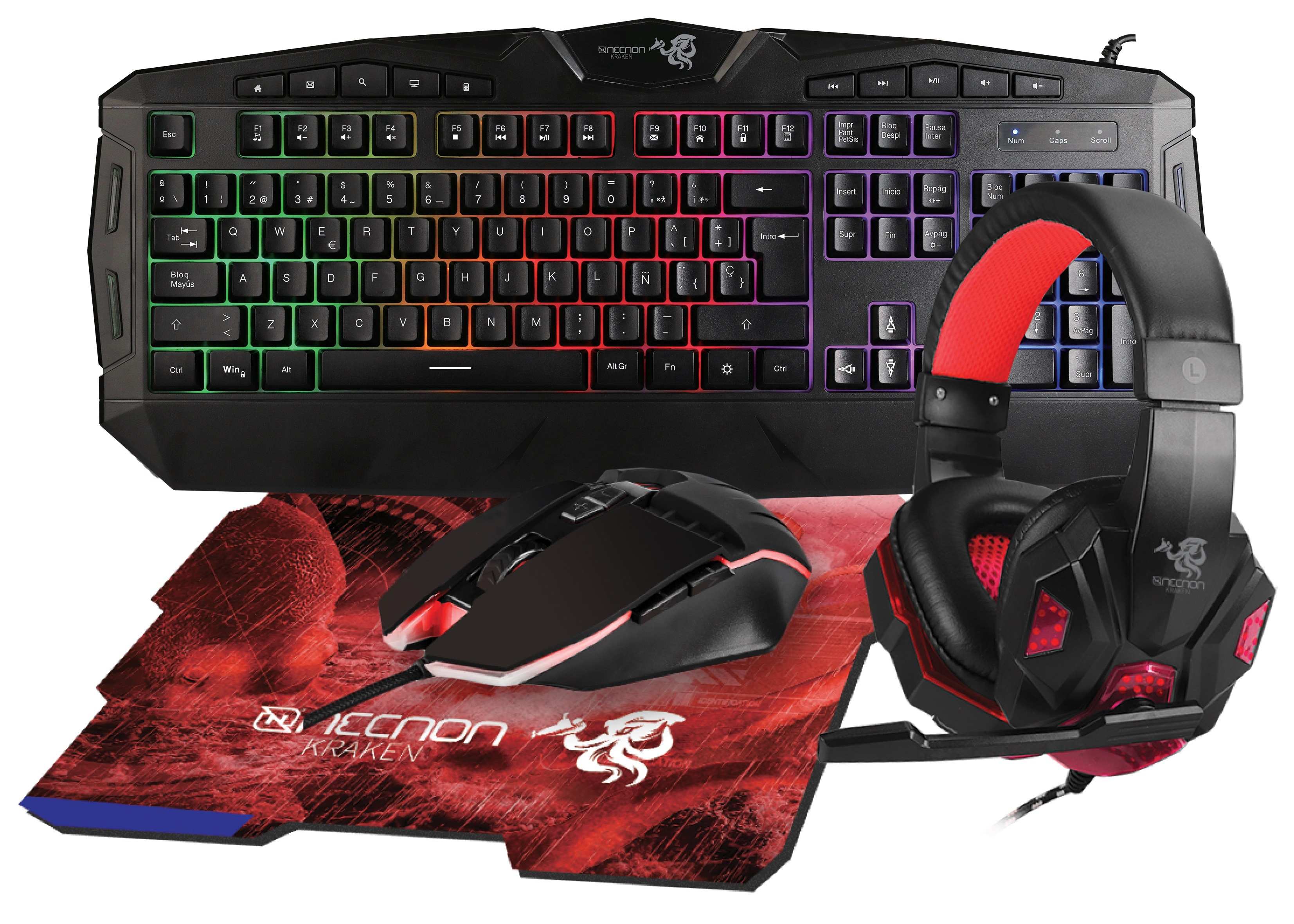 KIT GAMING 4 EN 1 NGC-KRAKEN AUDIFONOS LED TECLADO 114 TECLAS MOUSE 7 BOTONES HASTA 3200DPI MOUSEPAD ROJO KITNNN020