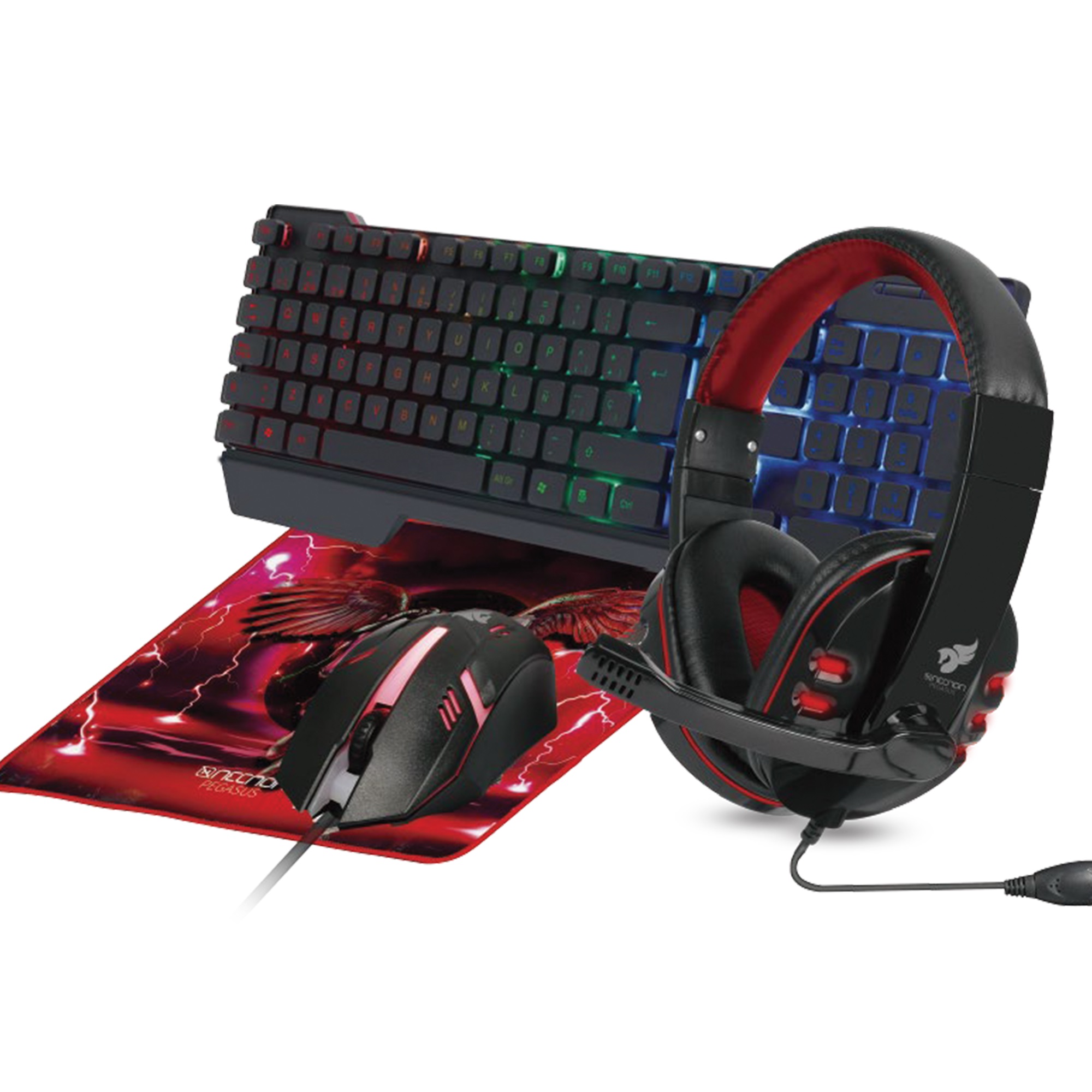KIT GAMING 4 EN 1 NGC-PEGASUS AUDIFONOS LED TECLADO 104 BOTONES MOUSE 3 BOTONES 1000DPI MOUSEPAD ROJO KITNNN040