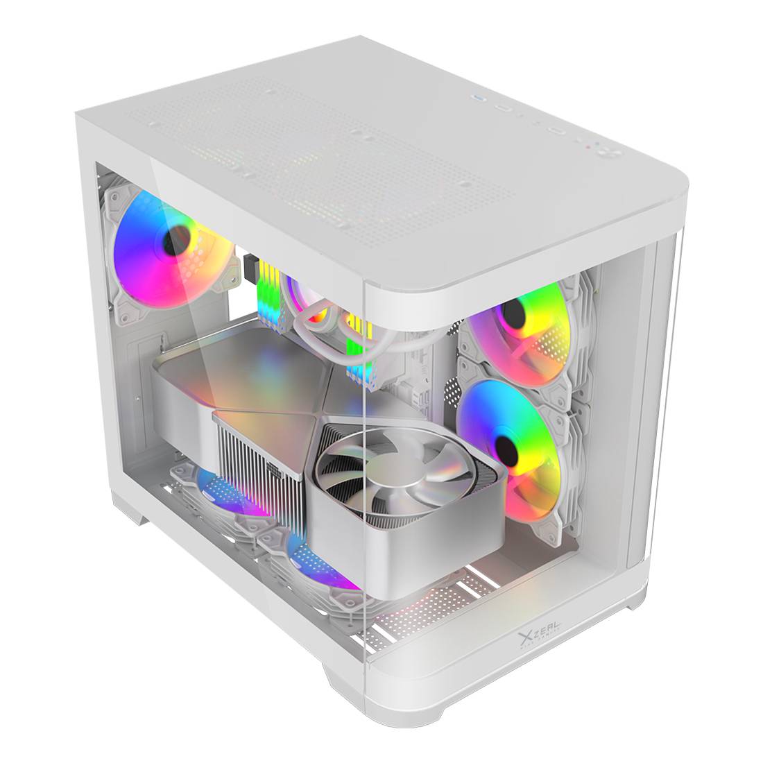 Gabinete Curvo Xzeal M-ATX/ITX 2x USB 2.0 + 1x USB 3.0 + 3.5 mm + 3 Ventiladores RGB Blanco GABSTY450
