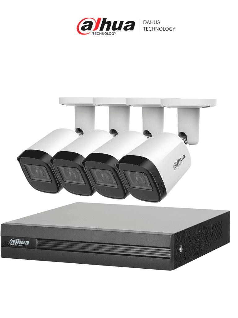 Kit DAHUA KITXVR1B04H-I4B2A51-U - Kit de 4 Cámaras metálicas 5 MP Lente de 2.8mm y un DVR Cooper-I WizSense, 4 Canales + 1 IP o Hasta 5 Canales IP
