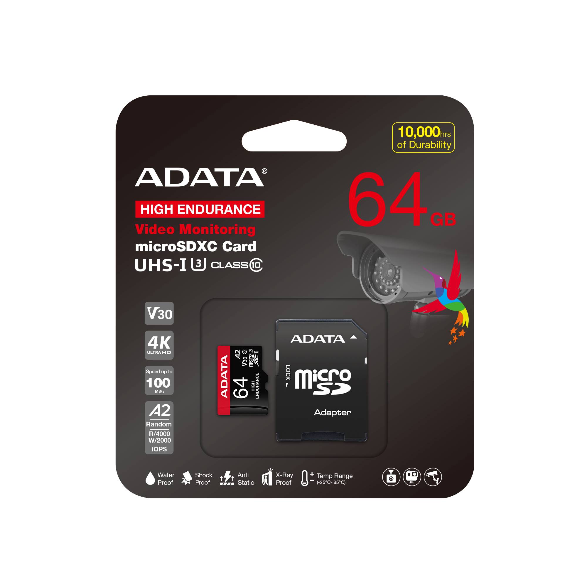 Micro Secure Digital ADATA HIGH ENDURANCE (alta durabilidad) microSDXC UHS-I U3, SD6.0 Clase 10, V30 64GB Clase 10 (A2), Velocidad de lectura / escritura