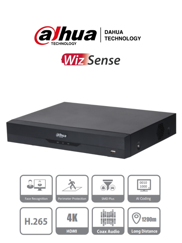 DAHUA XVR5116H-4KL-I3 DVR 16 CH 4k 8 MP WizS IA H.265+ 16 CH + 16 IP Hasta 32 CH IP 2 CH Rec Facial SDM+ Codif IA 1 Bahía DD Funciones IoT & POS