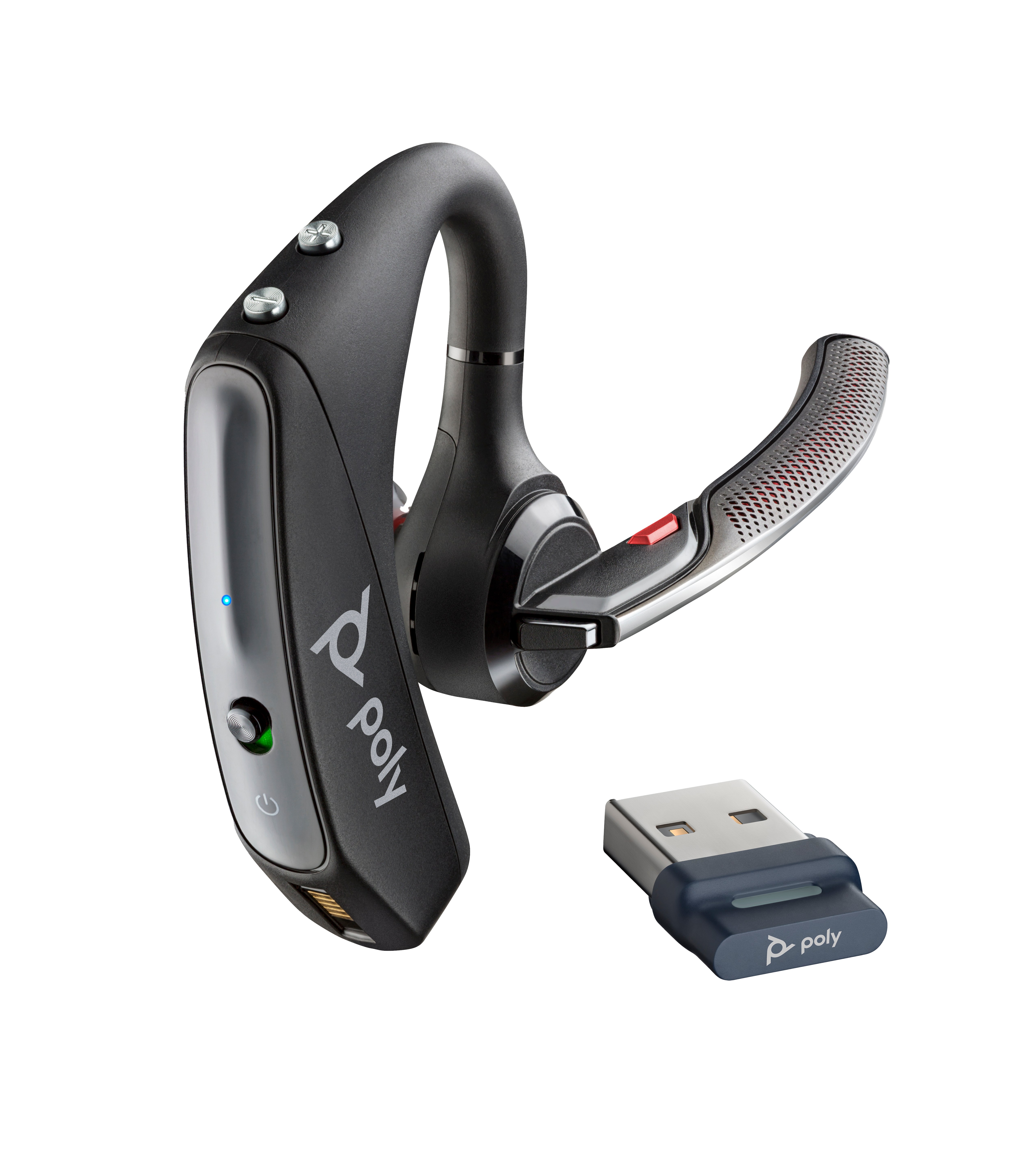 Poly Voyager 5200 UC, Bluetooth para moviles y computadoras, incluye estuche de carga y adaptador Bluetooth