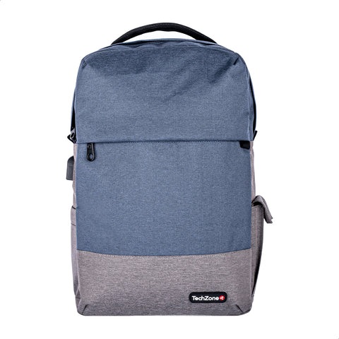 Backpack Strong Blue TechZone, de 15.6 pulgadas, múltiples compartimientos, organizador frontal, costuras y asas reforzadas, garantía limitada de por vida. MALTCH090