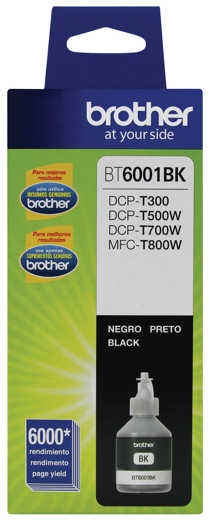 Botella de tinta Negra Brother BT6001BK, compatible solo con equipos DCPT300, DCPT500W, DCPT700W, MFCT800W CARBRT3060