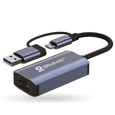 CONVERTIDOR USB A RJ45  DUAL GIGABIT (CONECTOR  USB A V3.0 Y TIPO C - RJ45)  COLOR PLATA,  406511, BROBOTIX