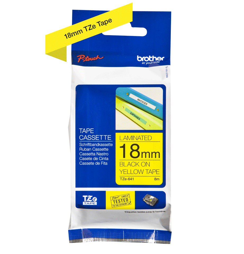 Etiqueta amarilla continua laminada Brother TZE641, de 18 mm de ancho x 8 mts de largo. Impresión en negro. CARBRT540