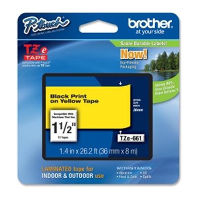 Etiqueta amarilla continua laminada Brother TZE661, de 36 mm de ancho x 8 mts de largo. Impresión en negro. CARBRT2460