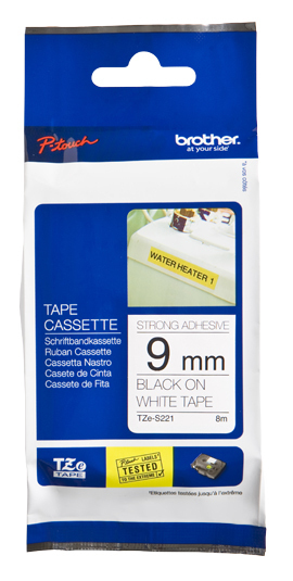 Etiqueta blanca continua laminada con adhesivo super resistente Brother TZES221, de 9 mm de ancho x 8 mts de largo. Impresión en negro. CARBRT2510