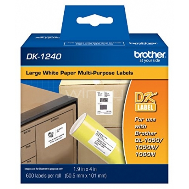 Etiqueta blanca de papel Brother DK1240, 200 etiquetas de 50.5 mm de ancho x 101 mm de largo. Impresión en negro. QL1110NWB. ETIBRT040
