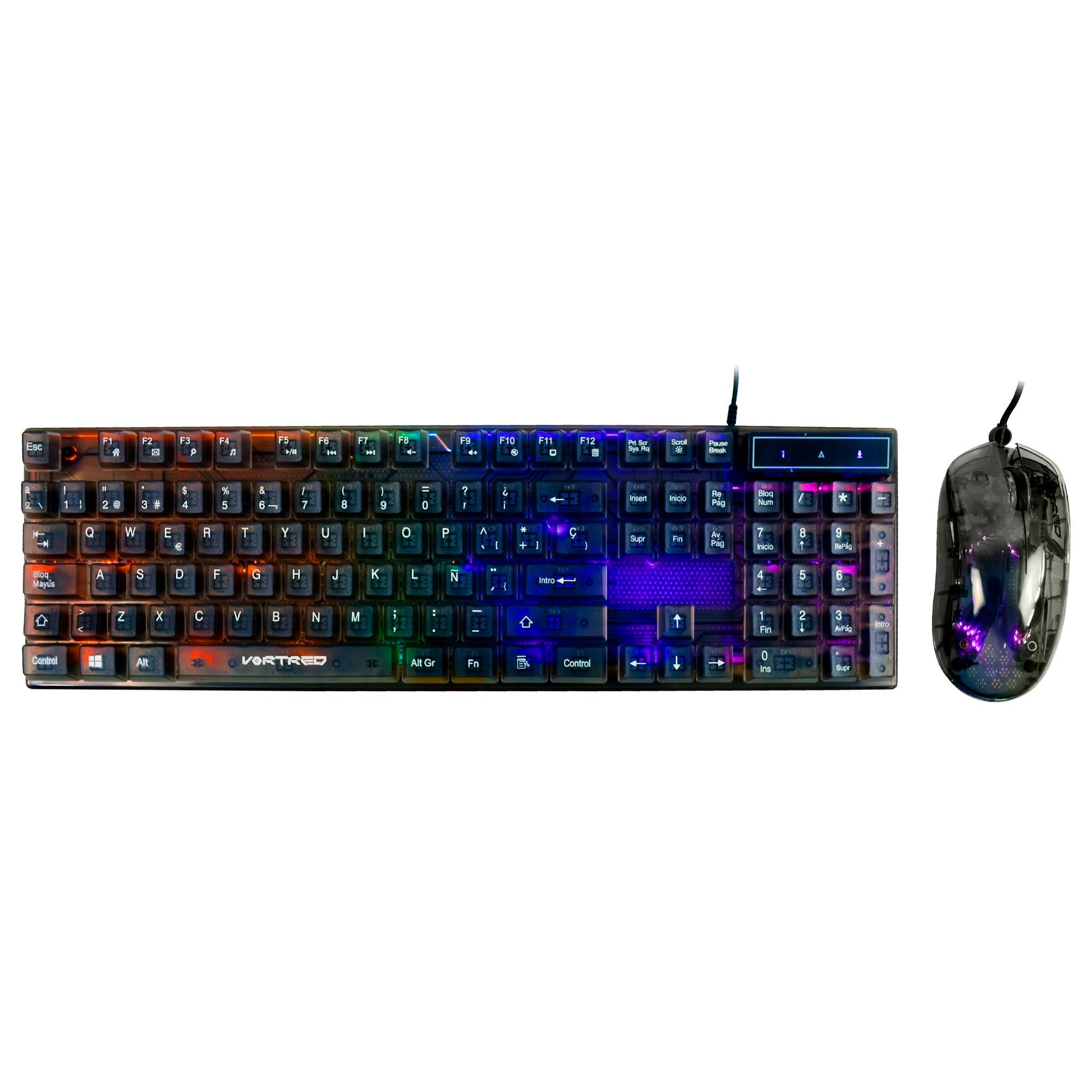 Kit Mouse y Teclado Gamer Alámbrico Transparente iluminación RGB Helumo | VORTRED KITMST1420