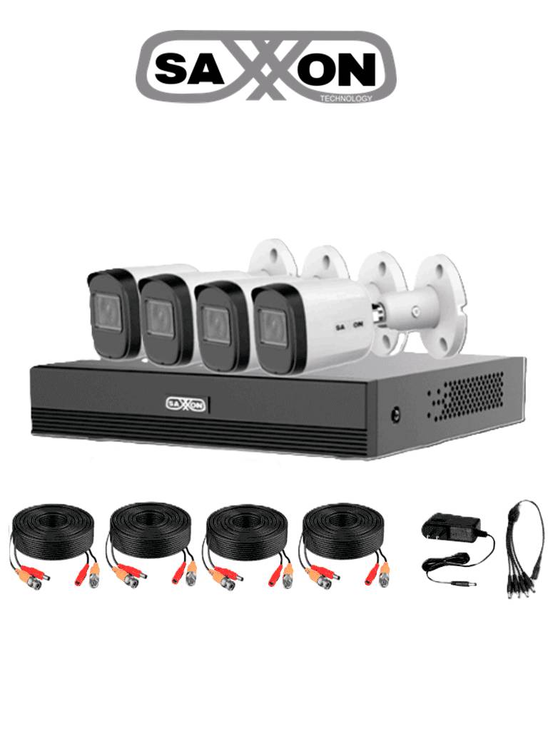 SAXXON SUA-KIT/XVR1E04-I/4-B20M-0280B-Kit de 4Canales HDCVI 1080P/4 Cámaras B20M de 2.8mm  100°/Dvr Soporta Hasta 5 Canales IP y Detección de Movimien
