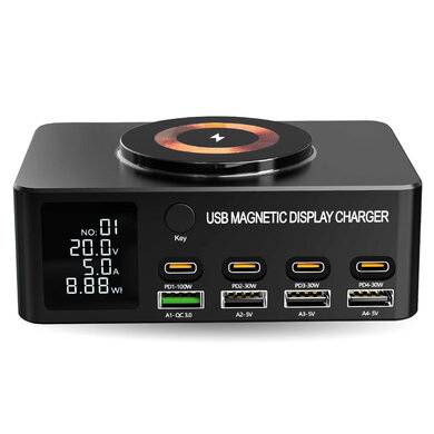 ESTACIÓN DE CARGA MAGNETICA USB 9 EN 1, 140 W, USB-A x 4 PUERTOS , USB-C x 4 PUERTOS, 406467 BROBOTIX