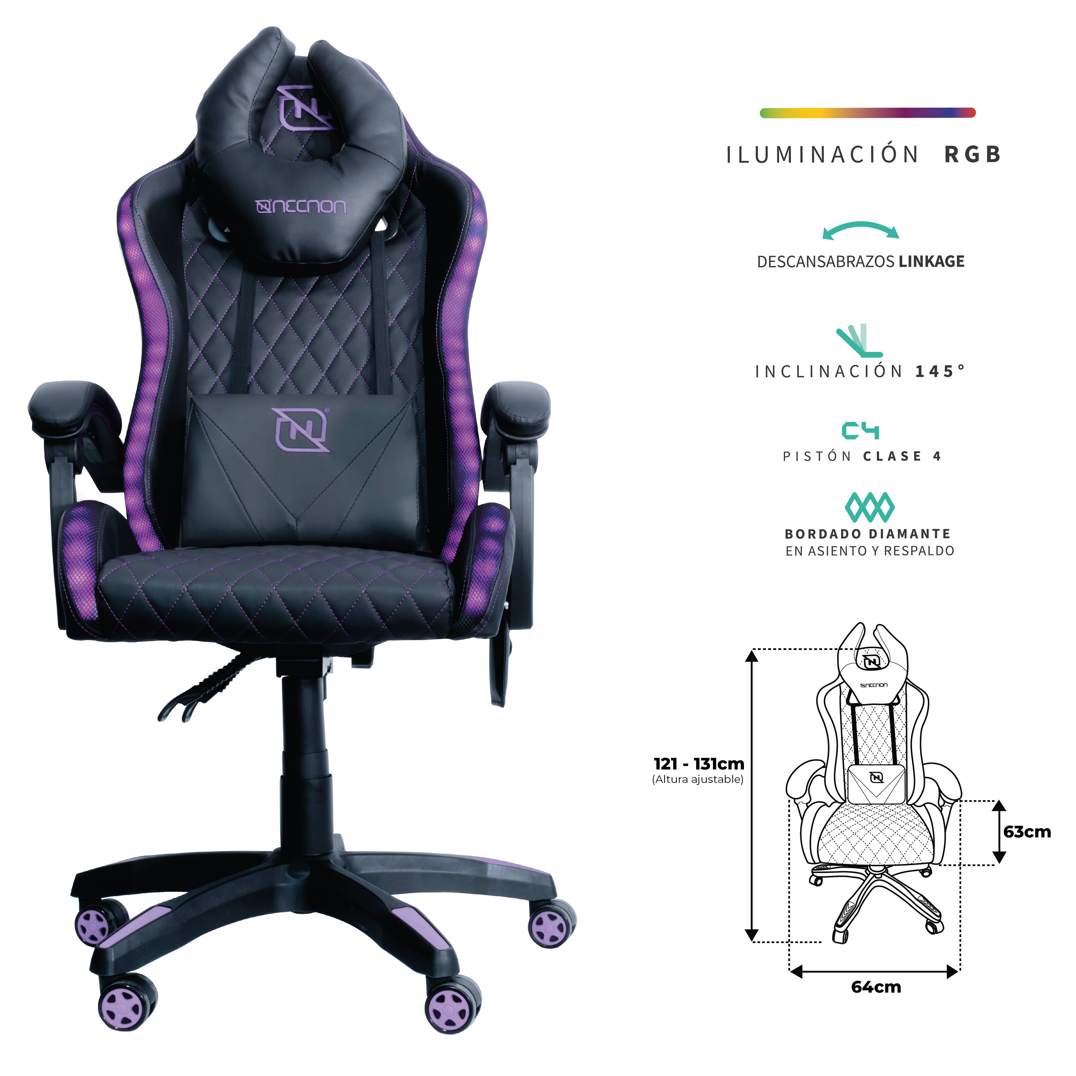 SILLA GAMER RGB INCLINACION RESPALDO 145 CLASE 4 140-150KG NSG-RGB1 FOAM 350MM 63CM*64CM*121-131CM COJIN LUMBAR Y CABEZA NEGRO/ROSA SILNNN080