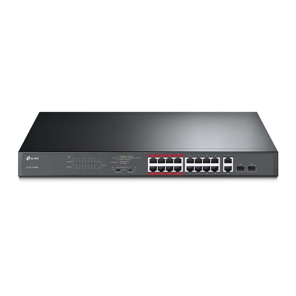 SWITCH POE TP-LINK TL-SL1218MP, 10/100Mbps + 2 Gigabit, Negro, 18,7W, 16 puertos