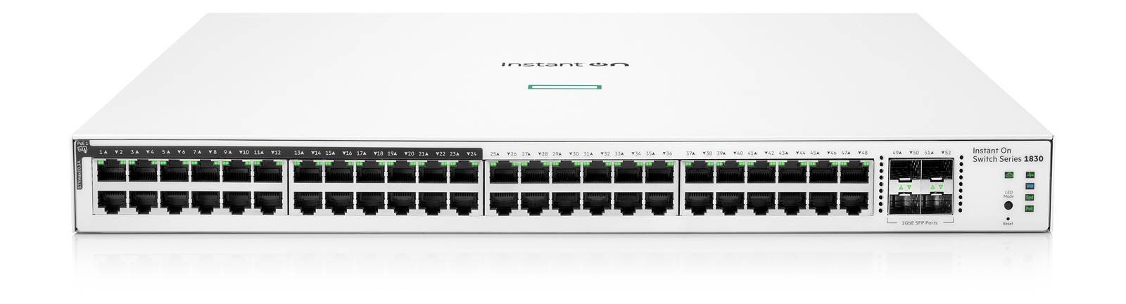 Switch HPE Instant On 1830 Gigabit Ethernet, 48 puertos RJ-45, 12p PoE Clase 4 370 W, 4SFP 1GbE (JL815A) SWTARU430