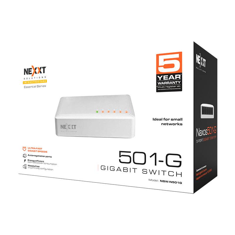 Switch NEXXT modelo NW235NXT01 escritorio Essential de 5 puertos Gigabit 1 Gbps 110/220 V