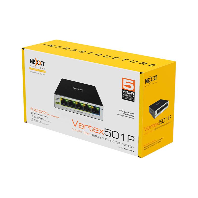 Switch NEXXT modelo NW235NXT02 escritorio Professional PoE+ Gigabit 5 puertos 10/100/1000 65W máx.