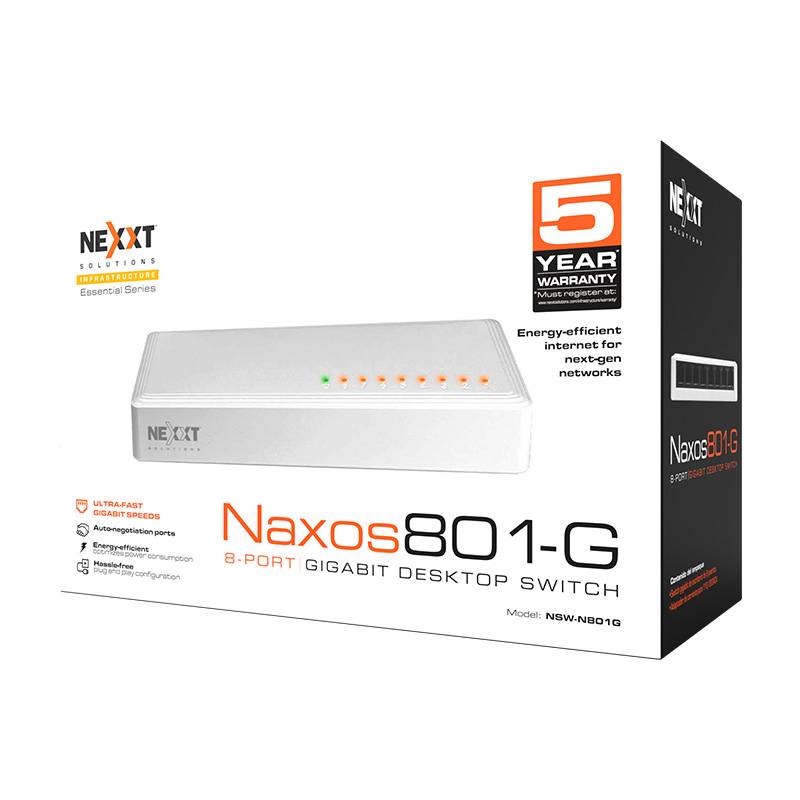 Switch NEXXT modelo NW235NXT03 escritorio Essential de 8 puertos Gigabit 1 Gbps 110/220 V