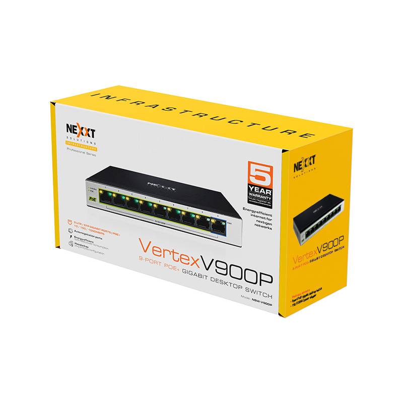 Switch NEXXT modelo NW235NXT04 escritorio Professional PoE+ Gigabit de 9 puertos 10/100/1000, 60