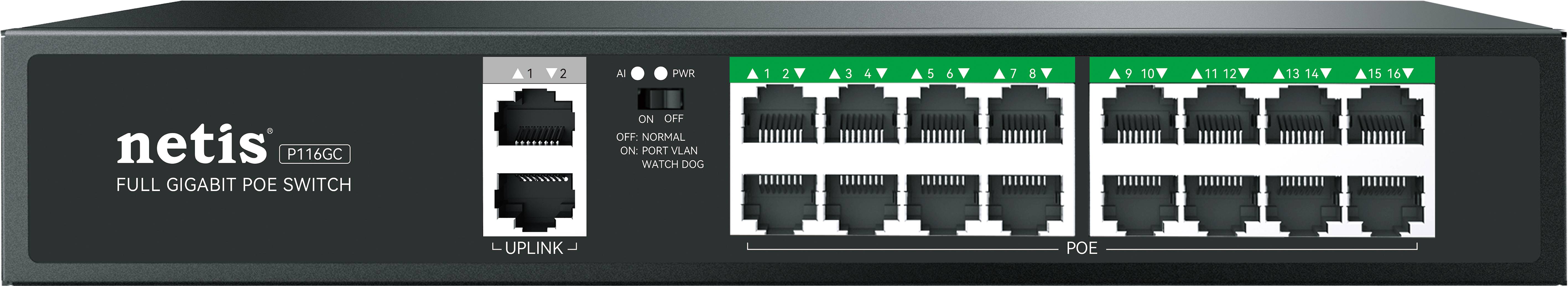 Netis Switch POE P116GC, 16 Puertos POE y 2 Puertos Uplink, 240W, 1000 Mbps, Watch Dog, Plug & Play, 250 Mts de Alcance, No Administrable