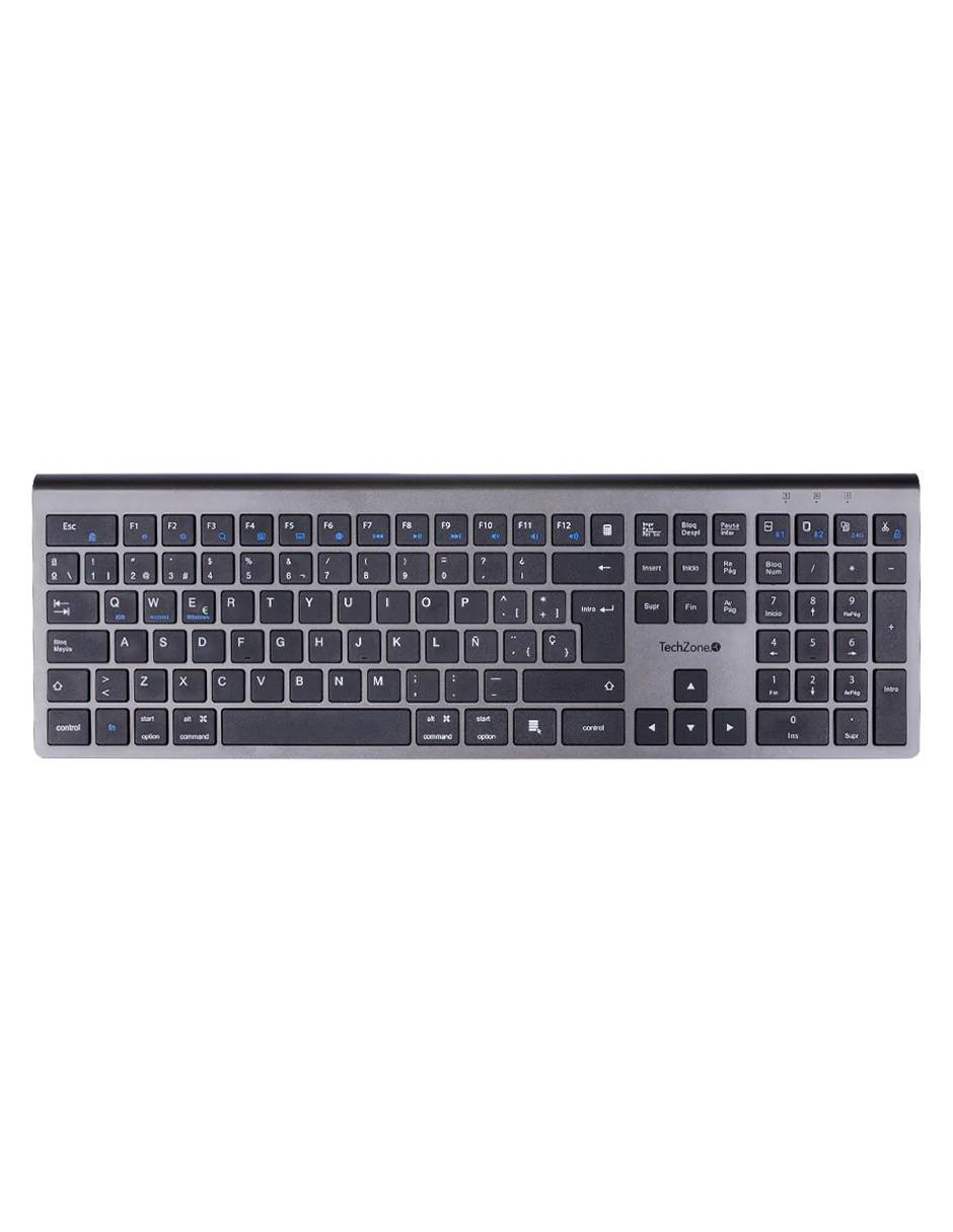 Teclado HEFESTOS recargable con conexión Bluetooth TECHZONE TZACTCB01 color plata, QWERTY. Compatibilidad: Windows, Android y MacOS. TECTCH120