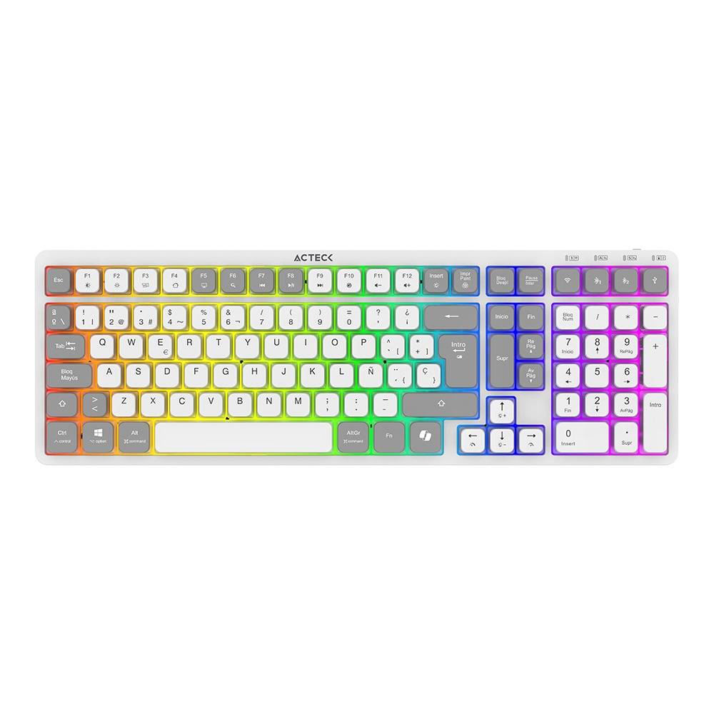 Teclado Inalámbrico RGB Techno PRO TI790 Acteck Elite Series Iluminación RGB, Teclado Multidispositivo Inalámbrico, Dongle 2.4Mhz, Bluetooth, Cable 1.8m TECACT210