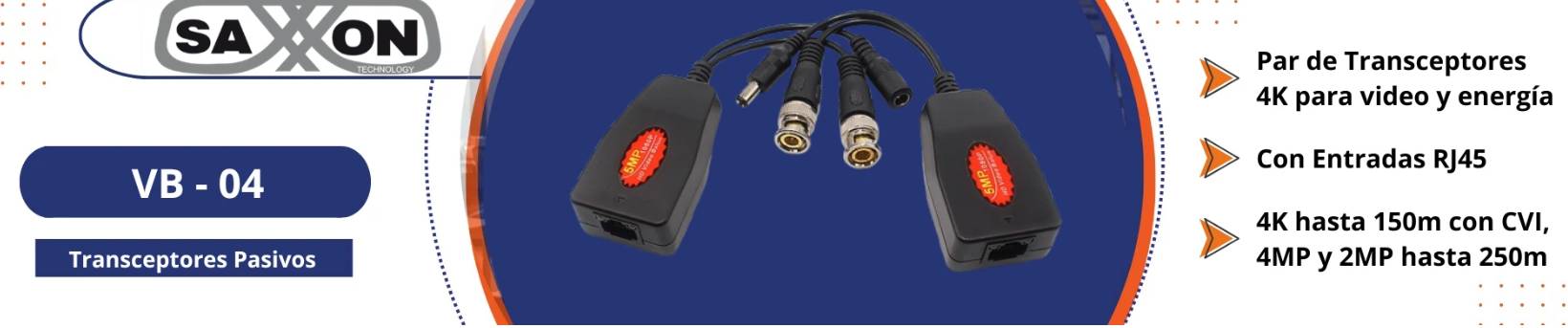 SAXXON VB-04 - Par de transceptores 4K para video y energía, con entradas RJ45, 4K hasta 150m con CVI, 4MP y 2MP hasta 250m