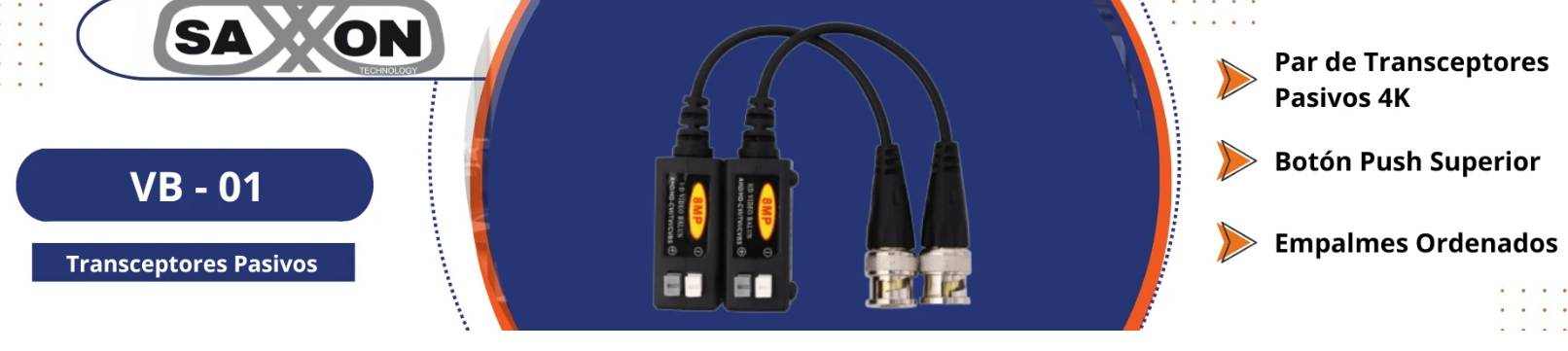 SAXXON VB - 01 Par de Transceptores Pasivos 4K 8MP Video Baluns, Botón Push Superior, Empalmes Ordenados, 4K hasta 150m, 4MP a 200m, 1080p hasta 250m